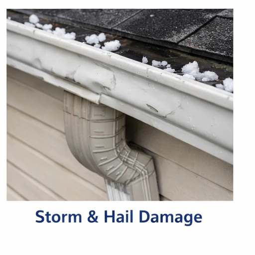 Hail damage visible on gutter and downspout on a Denver home